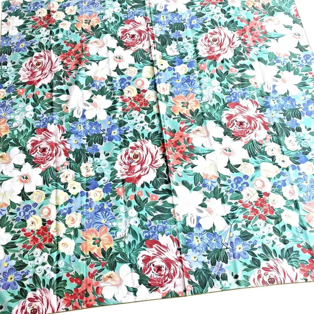 Vintage 1980s tablecloth floral motif green blue pink peach cottage farmhouse